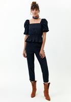 Bayan Lacivert Fırfırlı Kare Yaka Bluz