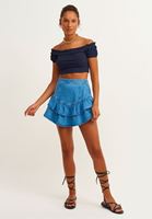 Bayan Mavi Fırfırlı Denim Etek