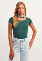 Bayan Yeşil Pamuklu Esnek Dokulu Tişört