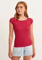 Bayan Pembe Pamuklu Esnek Dokulu Tişört