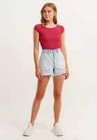 Bayan Pembe Pamuklu Esnek Dokulu Tişört