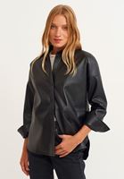 Bayan Siyah Vegan Deri Boyfriend Gömlek