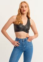 Bayan Siyah Vegan Deri Büzgülü Crop Top