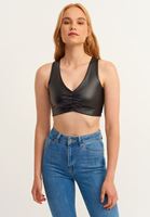 Bayan Siyah Vegan Deri Büzgülü Crop Top