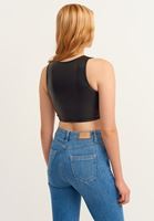 Bayan Siyah Vegan Deri Büzgülü Crop Top