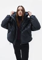 Bayan Siyah Kapüşonlu Vegan Deri Mont 