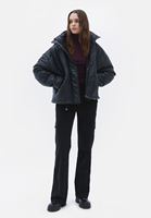 Bayan Siyah Kapüşonlu Vegan Deri Mont 