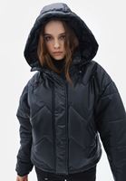 Bayan Siyah Kapüşonlu Vegan Deri Mont 