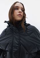 Bayan Siyah Kapüşonlu Vegan Deri Mont 