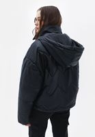 Bayan Siyah Kapüşonlu Vegan Deri Mont 