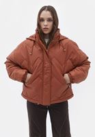 Bayan Taba Rengi Kapüşonlu Vegan Deri Mont 