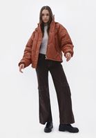 Bayan Taba Rengi Kapüşonlu Vegan Deri Mont 