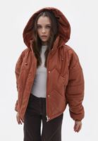 Bayan Taba Rengi Kapüşonlu Vegan Deri Mont 