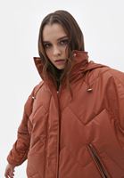 Bayan Taba Rengi Kapüşonlu Vegan Deri Mont 