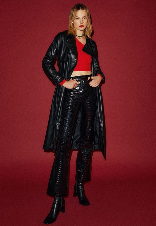 Siyah Vegan Deri Uzun Ceket 21KOX-LEZUNCOAT | OXXO