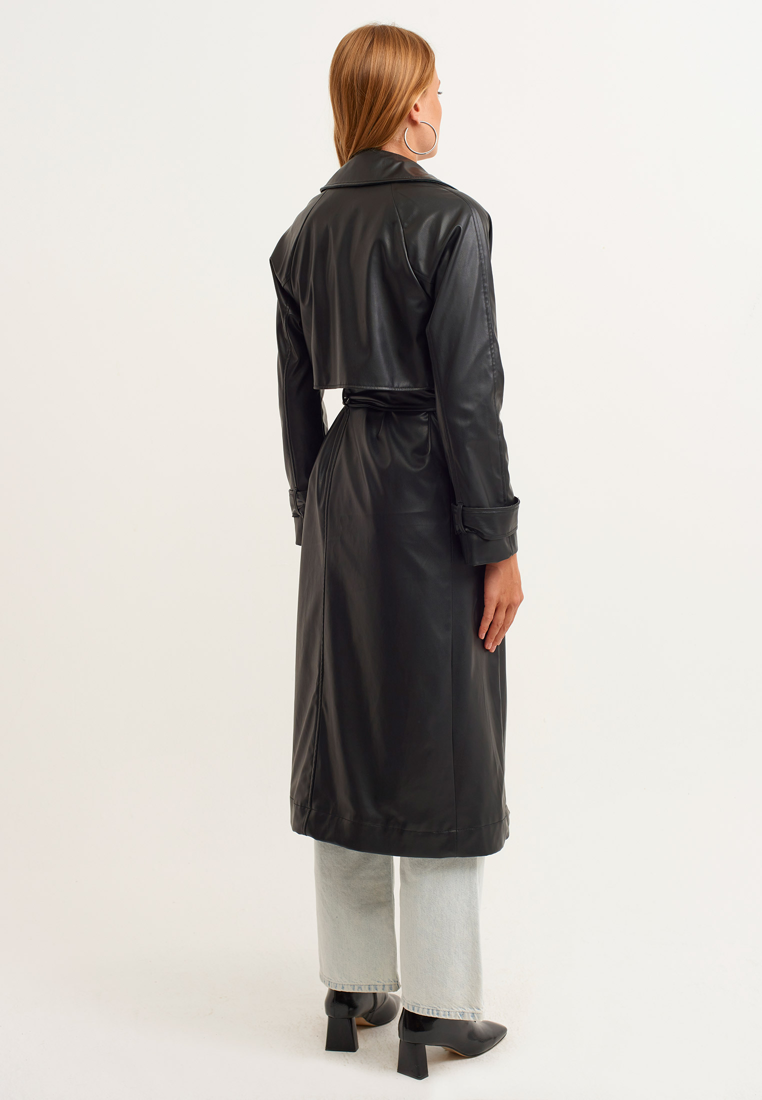 Siyah Vegan Deri Uzun Ceket 21KOX-LEZUNCOAT | OXXO