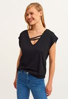 Bayan Siyah Biye Detaylı V-Neck Tişört ( MODAL )