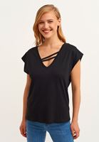 Bayan Siyah Biye Detaylı V-Neck Tişört ( MODAL )