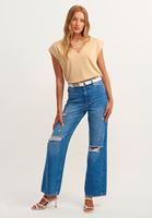 Bayan Bej Biye Detaylı V-Neck Tişört ( MODAL )