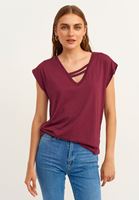 Bayan Bordo Biye Detaylı V-Neck Tişört ( MODAL )