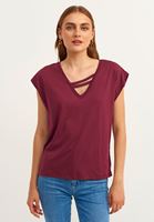 Bayan Bordo Biye Detaylı V-Neck Tişört ( MODAL )