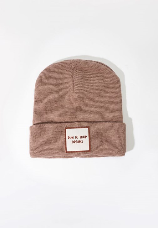 Bej Sloganlı Örgü Bere