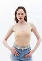 Bayan Bej Askı Detaylı V-Neck Tank Top