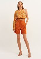 Women Brick Cotton Shorts with Waist Detail