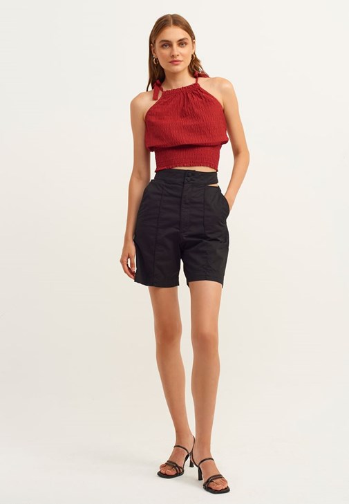 Siyah Bel Detaylı Pamuklu Şort