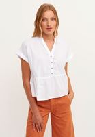 Bayan Beyaz Düğmeli Crop Bluz