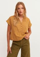 Bayan Koyu Bej Düğmeli Crop Bluz