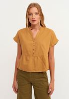 Bayan Koyu Bej Düğmeli Crop Bluz