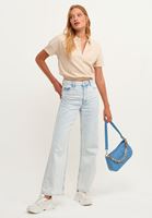 Bayan Açık Krem V-Neck Crop Bluz