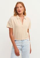 Bayan Açık Krem V-Neck Crop Bluz