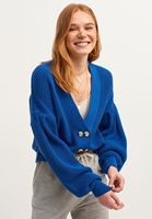 Bayan Mavi Düğmeli Crop Triko Hırka