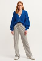 Bayan Mavi Düğmeli Crop Triko Hırka