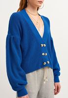 Bayan Mavi Düğmeli Crop Triko Hırka