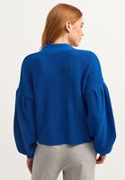 Bayan Mavi Düğmeli Crop Triko Hırka