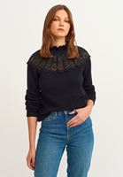 Bayan Siyah Dantel Detaylı Triko Kazak