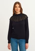 Bayan Siyah Dantel Detaylı Triko Kazak