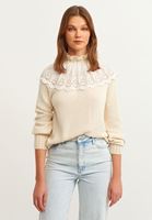 Bayan Bej Dantel Detaylı Triko Kazak