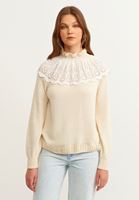 Bayan Bej Dantel Detaylı Triko Kazak