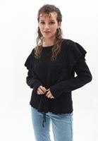 Bayan Siyah Fırfır Detaylı Ajurlu Triko Kazak