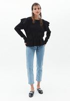 Bayan Siyah Fırfır Detaylı Ajurlu Triko Kazak