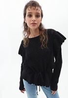 Bayan Siyah Fırfır Detaylı Ajurlu Triko Kazak