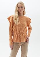 Bayan Turuncu Fırfır Detaylı Ajurlu Triko Kazak