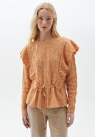 Bayan Turuncu Fırfır Detaylı Ajurlu Triko Kazak