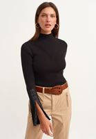 Bayan Siyah Flare Kollu High-Neck Triko