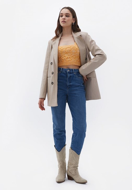 Örgü Detaylı Askılı Crop ve Straight Pantolon  