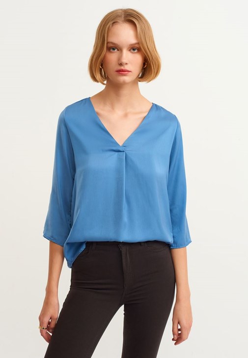 Mavi V Yaka Bluz